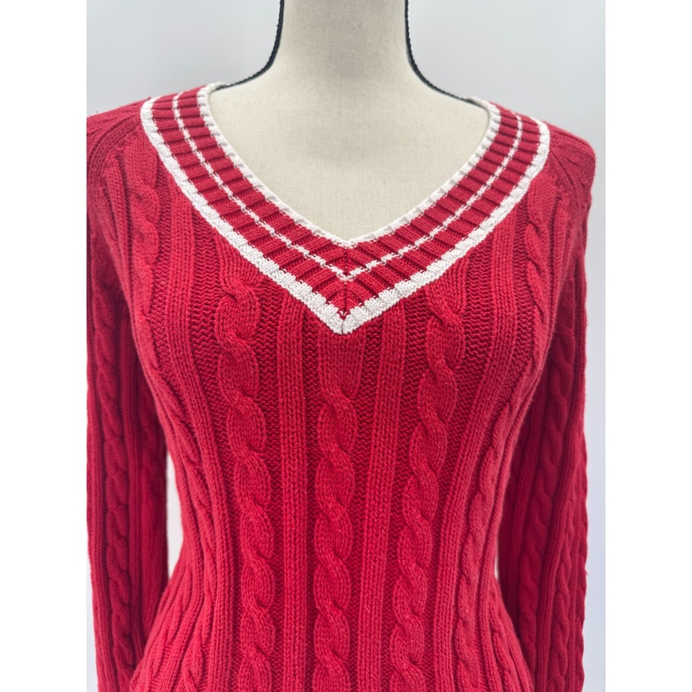 St Johns Bay Red Cable Knit V-Neck Varsity Stripe Sweater Small Tennis Golf Prep